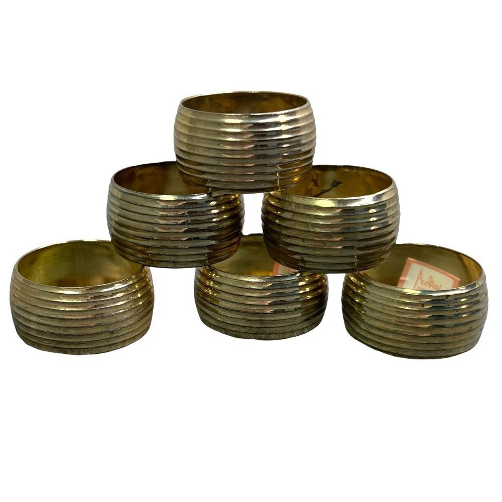 Vintage Audrey Napkin Rings Brass Gold Tone Ribbed Set of 6 Round